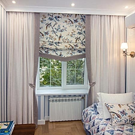 Римская штора с птицами и портьеры